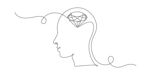Poster - Human head with diamond inside in One Continuous line drawing. Genias inspiration and perfection creative idea concept in simple linear style. Editable stroke. Doodle outline Vector illustration
