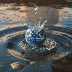 Poster - A conceptual 3D model of a water drop splashing onto the Earth, representing the impact of water conservation efforts.