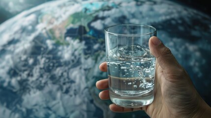Poster - A 3D visualization of a person holding a glass of water against the backdrop of a globe, emphasizing the necessity of clean water worldwide. 