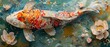 Folk art Koi fish with vibrant floral embellishments, detailed textures, bright daylight, closeup perspective