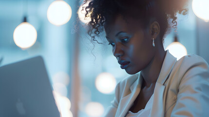 Aufkleber - African American Businesswoman Using Laptop In Modern Office Copy Space : Generative AI