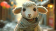 A young lamb stands gently and looks sweetly at the camera. The soft lighting highlights its fluffy coat creating a warm and inviting scene. It wears simple yet charming clothing