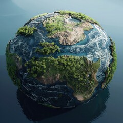 Poster - A futuristic 3D model of Earth with water sources highlighted, advocating for responsible water management. 