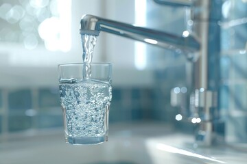 Poster - 3D visualization of a faucet pouring clean water into a glass, emphasizing access to clean drinking water. 