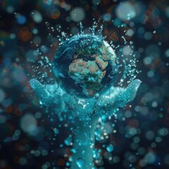 Poster - A 3D illustration of a person holding a globe while surrounded by water droplets, symbolizing global water awareness. 