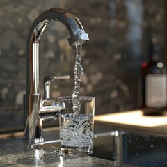 Poster - 3D visualization of a faucet pouring clean water into a glass, emphasizing access to clean drinking water. 
