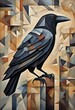 A magnificent crow or raven surrounded by abstract objects. Beautiful imagery and wall art for nature blog, rustic home decor, or rural souvenir store.