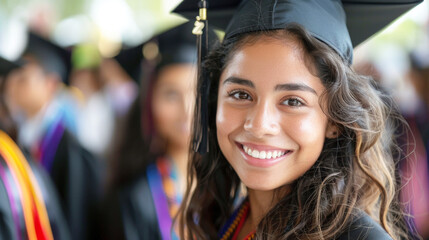 Canvas Print - Cheerful young woman student having graduation, life style, free space for text. Summer day, bokeh background.