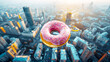 Pink donut floating in an aerial of the centre of city, in the style of hyper realistic