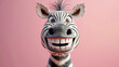 Caricature very big toothy wide of smiling Zebra, zebra with white smile looking at camera on pink background