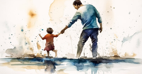 Wall Mural - A man and a child are walking together.