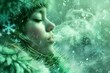 AI-generated illustration of a young woman in winter with breath frosting, pale green tint