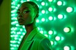 © Wirestock - AI-generated illustration of a black woman model in a green suit in front of neon lights