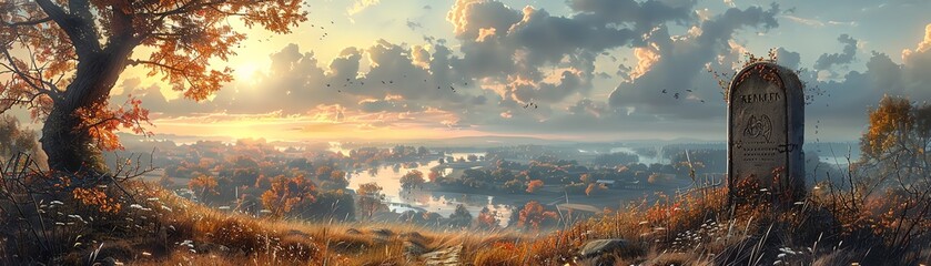 A family graveyard on a hill, overlooking a quiet countryside