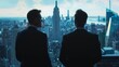 Two sharply dressed individuals in suits and ties speaking animatedly as they overlook the bustling city from luxurious skyhigh . .