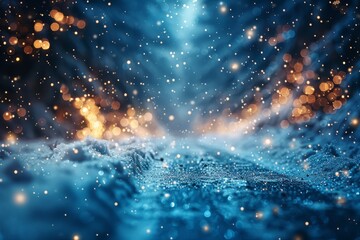 Poster - An ethereal pathway lit by glimmering golden lights, surrounded by a mystical blue haze setting an enchanting scene