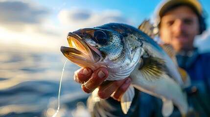 close-up of a fisherman holding a freshly caught fish in his hand