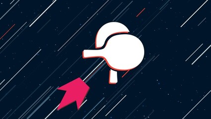 Poster - Crossed ping pong rackets symbol flies through the universe on a jet propulsion. The symbol in the center is shaking due to high speed. Seamless looped 4k animation on dark blue background with stars