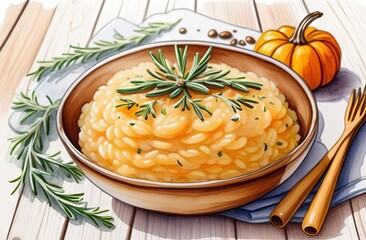 Wall Mural - Pumpkin risotto with rosemary in watercolor style