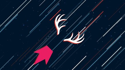 Wall Mural - Deer horns symbol flies through the universe on a jet propulsion. The symbol in the center is shaking due to high speed. Seamless looped 4k animation on dark blue background with stars