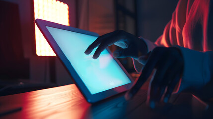 Aufkleber - Person using tablet pad with copy space screen Work at home Online shopping online store branding making video call sending email chat : Generative AI