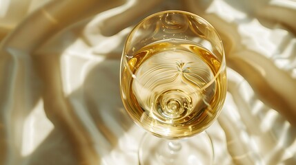 glass of white wine of golden color seen from above is on a white surface