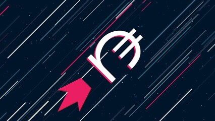 Poster - Lary symbol flies through the universe on a jet propulsion. The symbol in the center is shaking due to high speed. Seamless looped 4k animation on dark blue background with stars