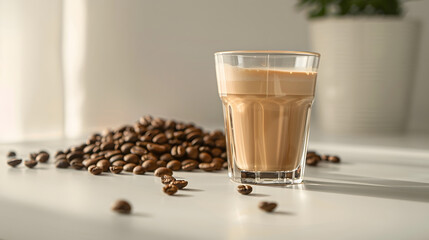 Poster - close up of double glass cup of fresh latte coffee with coffee beans on white table and copy space : Generative AI