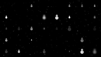 Poster - Template animation of evenly spaced Christmas snowmans of different sizes and opacity. Animation of transparency and size. Seamless looped 4k animation on black background with stars