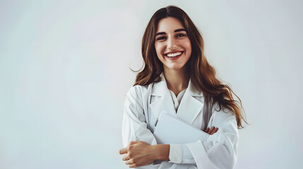 Aufkleber - satisfied young woman with wide toothy smile wearing a white coat holding documents and standing armcrossed medium shot business concept studio shot copy space High quality photo : Generative AI