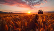 Tractor in wheat field at sunset during harvest season. Agriculture and farming concept. Design for agricultural machinery advertisement, harvest time promotion. Wide landscape shot with vibrant sky