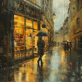 Fototapeta  - A painting of a rainy city street with a person walking under an umbrella