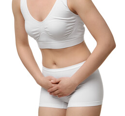 Poster - Woman suffering from cystitis on white background, closeup