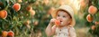 a baby eats peaches in the garden.