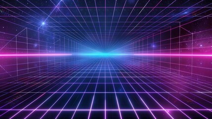 Canvas Print - 3D grid background with neon blue and purple lines. Generate AI image