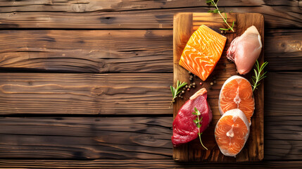 Poster - Raw steaks  fish salmon beef meat and turkey breast fillet on a cutting board Wooden background Top view Copy space : Generative AI
