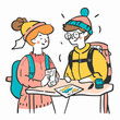 Two animated hikers in winter attire are engaged in route planning over a map, exuding a vibe of camaraderie and adventure preparation. Ideal for themes of teamwork, exploration, and travel prep.

