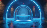 Fototapeta Przestrzenne - A futuristic neon-lit tunnel with an archway leading to the horizon, leading into empty rooms on both sides of it, with steps and a podium in front for product display. Created with Ai