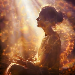 Wall Mural - Golden healing light healing meditation - female sitting with eyes closed basking in sunlight sending beautiful healing intention across the ether with copy space for spiritual message
