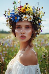 Wall Mural - beautiful woman in a flower field in a wreath of flowers.