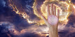 Palm Chakra Energy Vortex Concept - open hand with a pink spiral against a whirling rotating vortex of golden energy in the sky with copy space for spiritual message
