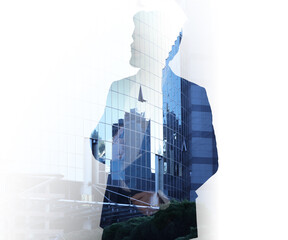 Sticker - Double exposure of businessman and cityscape with office buildings