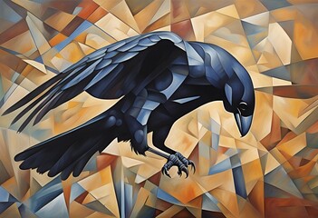 A crow flaying and hunting or searching for food, surrounded by abstract objects. Beautiful imagery and wall art for nature blog, rustic home decor, or rural farm store.