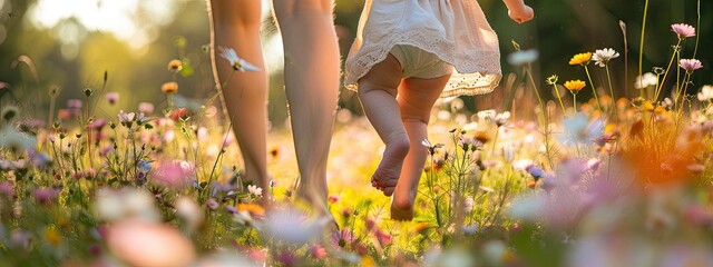 Wall Mural - legs of a mother and a child on a background of flowers. Selective focus