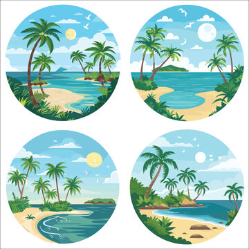 Tropical landscape with palm trees silhouettes, Paradise island, Tropical landscape, Summer vacation concept circle icon, Tropical paradise island logo, Summer ads, Logo, Posters, Label, T-shirt