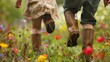 close-up of children's legs on the background of a field of flowers. Selective focus