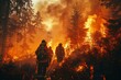 Firefighters battle a roaring forest fire under a dense cloud of smoke and ash