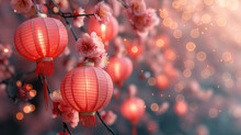 Chinese New Year Celebration In Asia. Pink, Red And Golden Lantern On Japanese Sakura Tree For Lunar New Year Party. Background With Glitter And Bokeh Lights. Cherry Tree Blossom.