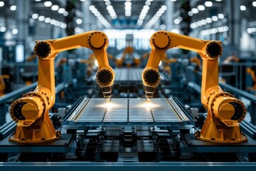 Poster - Precision and automation are at the forefront in this image of robotic arms involved in the car manufacturing process