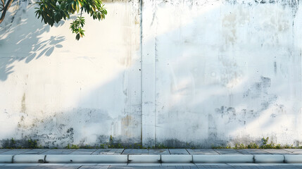 Poster - Long old concrete wall covered with white plaster at city street Cement fence exterior with copy space and mockup : Generative AI